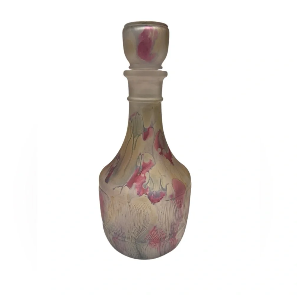 Nouveau Art Glass Wine Decanter Multi-Color Hand Painted Abstract Design France